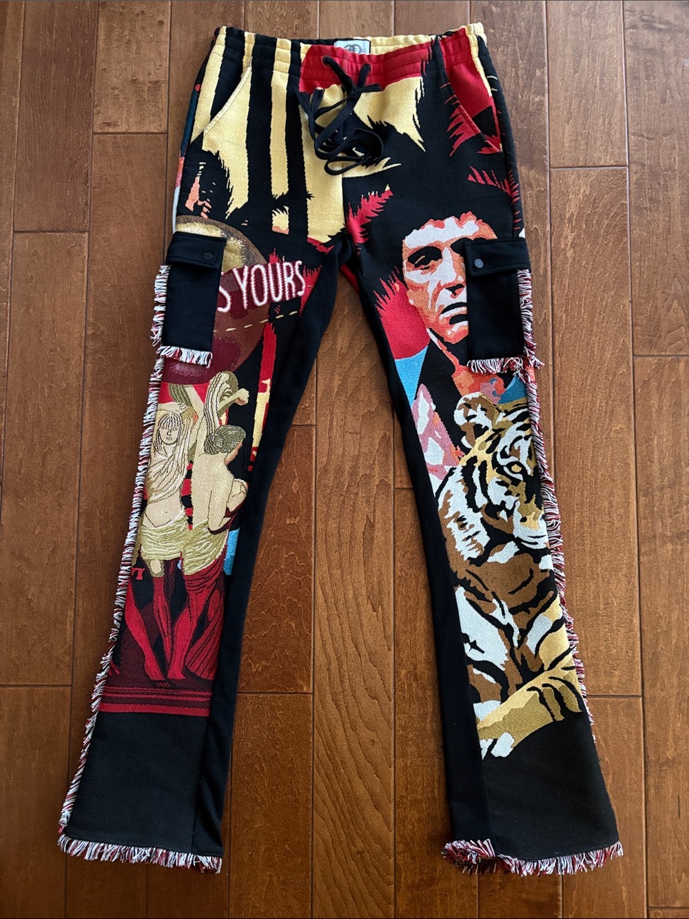 Graphic Tiger & Face Patchwork Joggers in Black, Red, Gold - Picture 1 of 8